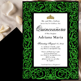 Elegant Quinceanera Invitation Green Scrollwork Kaart