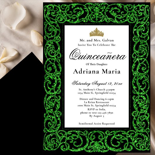 Elegant Quinceanera Invitation Green Scrollwork Kaart