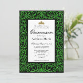 Elegant Quinceanera Invitation Green Scrollwork Kaart (Staand voorkant)