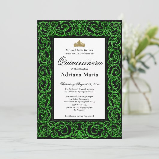 Elegant Quinceanera Invitation Green Scrollwork Kaart (Staand voorkant)