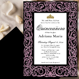 Elegant Quinceanera Invitation Pink Scrollwork Kaart
