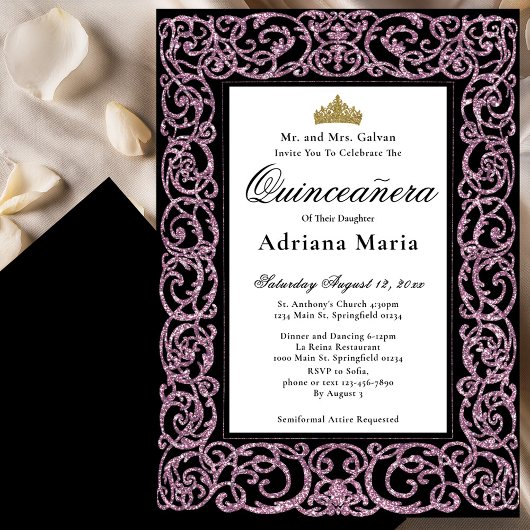 Elegant Quinceanera Invitation Pink Scrollwork Kaart