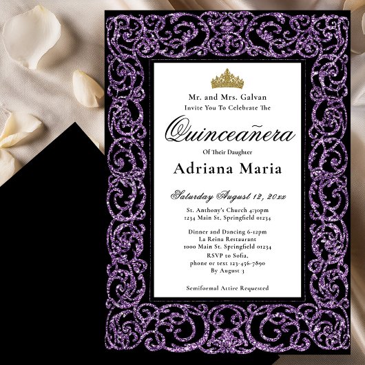 Elegant Quinceanera Invitation Purple Scrollwork Kaart