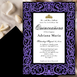 Elegant Quinceanera Invitation Purple Scrollwork Kaart