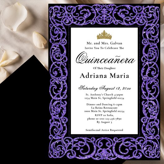 Elegant Quinceanera Invitation Purple Scrollwork Kaart