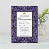 Elegant Quinceanera Invitation Purple Scrollwork Kaart (Staand voorkant)