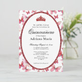 Elegant Quinceanera Invitation Red Butterflies Kaart (Staand voorkant)