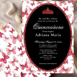 Elegant Quinceanera Invitation Red Butterflies Kaart