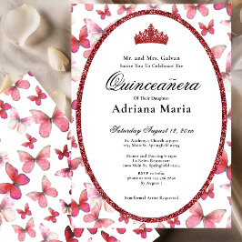 Elegant Quinceanera Invitation Red Butterflies Kaart