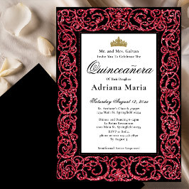 Elegant Quinceanera Invitation Red Scrollwork Kaart