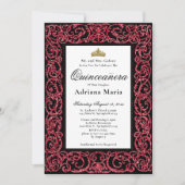 Elegant Quinceanera Invitation Red Scrollwork Kaart (Voorkant)