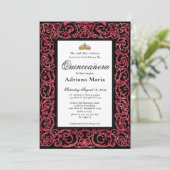 Elegant Quinceanera Invitation Red Scrollwork Kaart (Staand voorkant)