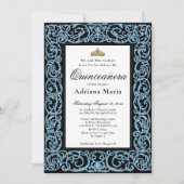 Elegant Quinceanera Invitation Sky Blue Scrollwork Kaart (Voorkant)