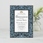 Elegant Quinceanera Invitation Sky Blue Scrollwork Kaart (Staand voorkant)