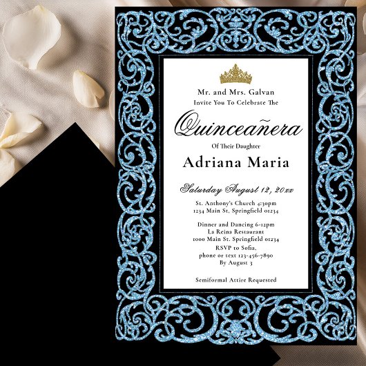 Elegant Quinceanera Invitation Sky Blue Scrollwork Kaart