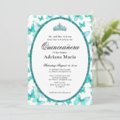 Elegant Quinceanera Invitation Teal Butterflies Kaart (Staand voorkant)