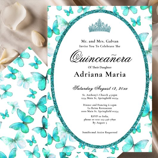 Elegant Quinceanera Invitation Teal Butterflies Kaart