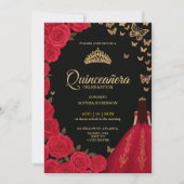 Elegant Quinceañera invitation with red roses Kaart (Voorkant)