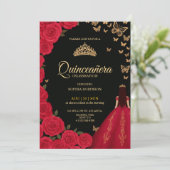 Elegant Quinceañera invitation with red roses Kaart (Staand voorkant)