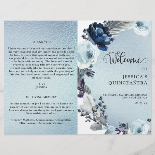Elegant Quinceañera Light Blue Folie Programme (Voorkant)