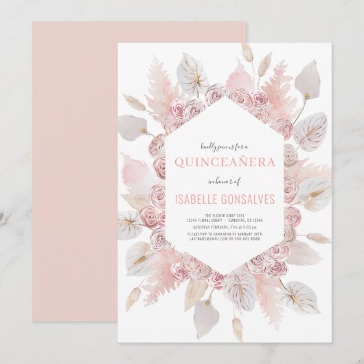 Elegant QUINCEAÑERA Modern Boho Waterverf Blush Kaart (Voorkant / Achterkant)