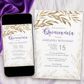 Elegant Quinceanera Paarse en goudbladeren Kaart