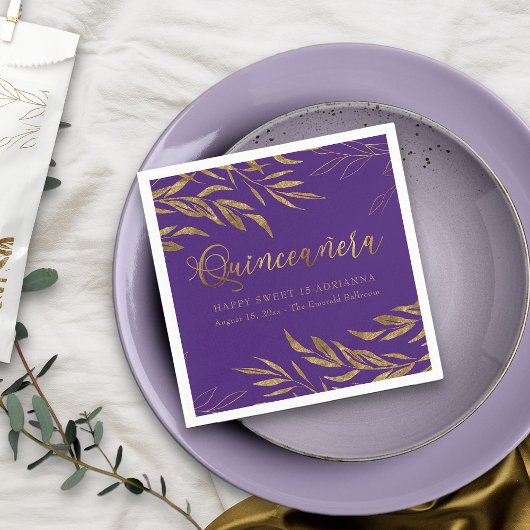 Elegant Quinceanera Paarse en gouden blad Servet