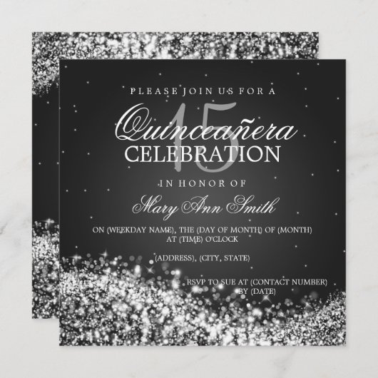 Elegant Quinceanera Party Sparging Wave 2 Black Kaart (Voorkant / Achterkant)