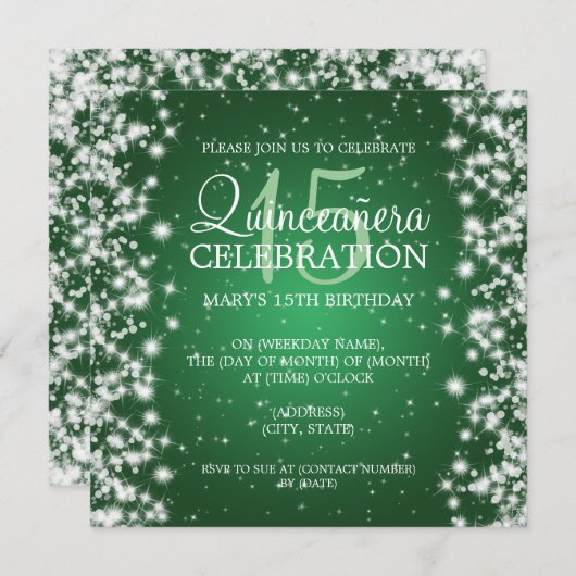 Elegant Quinceañera Party Winter Sparkle 2 Green Kaart (Voorkant / Achterkant)