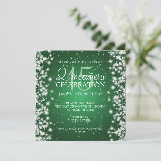 Elegant Quinceañera Party Winter Sparkle 2 Green Kaart (Staand voorkant)
