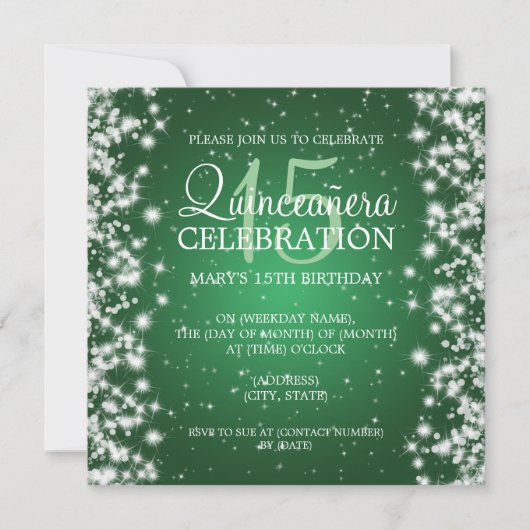 Elegant Quinceañera Party Winter Sparkle 2 Green Kaart (Voorkant)