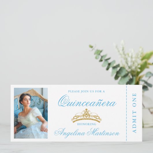 Elegant Quinceanera Photo Blue Gold Ticket Kaart (Staand voorkant)