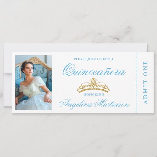 Elegant Quinceanera Photo Blue Gold Ticket Kaart (Voorkant)