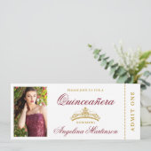 Elegant Quinceanera Photo Burgundy and Gold Ticket Kaart (Staand voorkant)