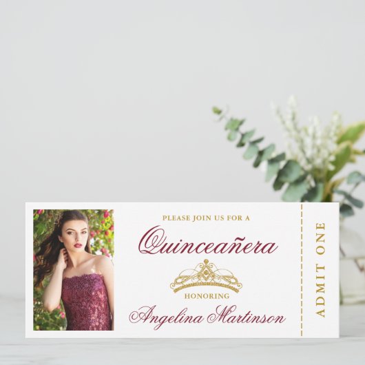 Elegant Quinceanera Photo Burgundy and Gold Ticket Kaart (Staand voorkant)