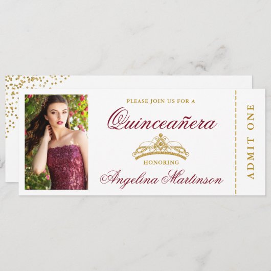 Elegant Quinceanera Photo Burgundy and Gold Ticket Kaart (Voorkant / Achterkant)