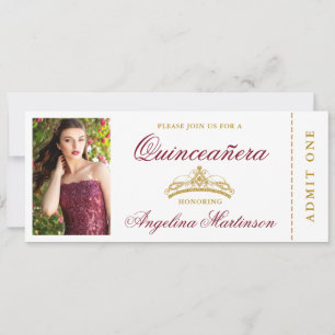 Elegant Quinceanera Photo Burgundy and Gold Ticket Kaart