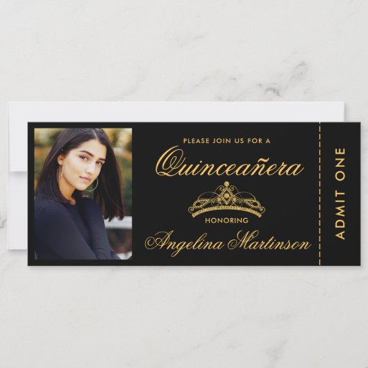 Elegant Quinceanera Photo Gold en Black Ticket Kaart (Voorkant)