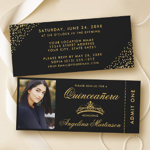 Elegant Quinceanera Photo Gold en Black Ticket Kaart