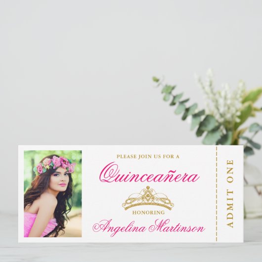 Elegant Quinceanera Photo Hot Pink and Gold Ticket Kaart (Staand voorkant)