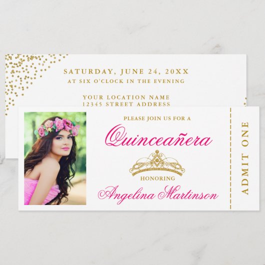 Elegant Quinceanera Photo Hot Pink and Gold Ticket Kaart (Voorkant / Achterkant)
