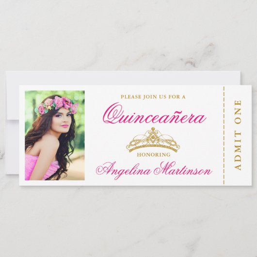 Elegant Quinceanera Photo Hot Pink and Gold Ticket Kaart (Voorkant)
