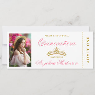 Elegant Quinceanera Photo Pink and Gold Ticket Kaart