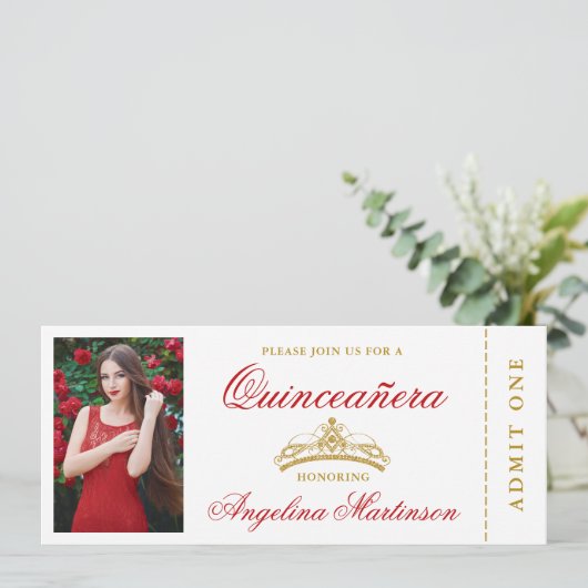 Elegant Quinceanera Photo Red en Gold Ticket Kaart (Staand voorkant)