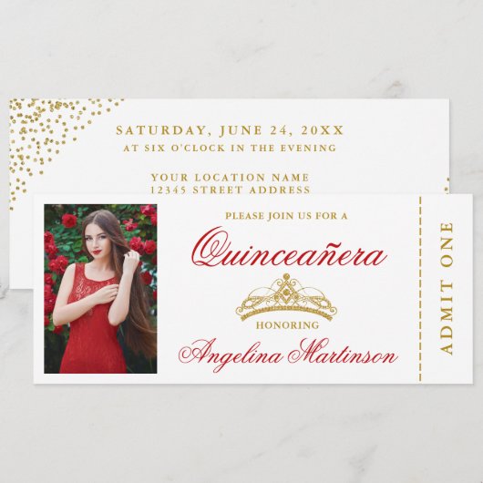 Elegant Quinceanera Photo Red en Gold Ticket Kaart (Voorkant / Achterkant)