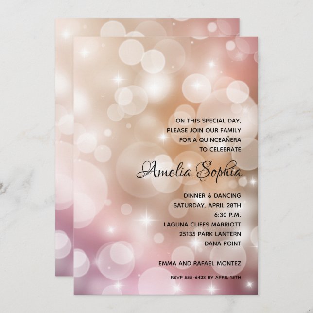 Elegant Quinceañera Pink Blush Bokeh Invitations (Voorkant / Achterkant)