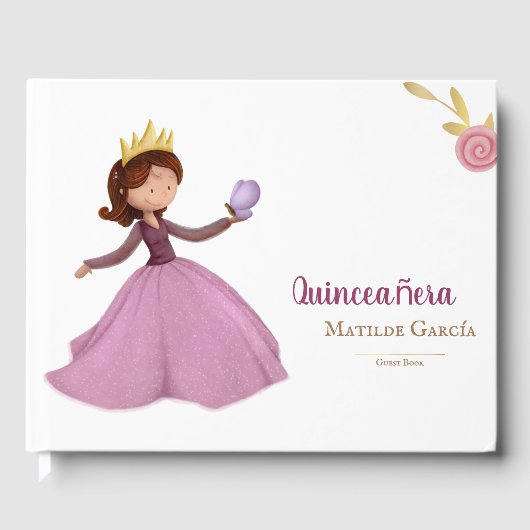 Elegant quinceañera prinses met vlinder gastenboek (Voorkant)