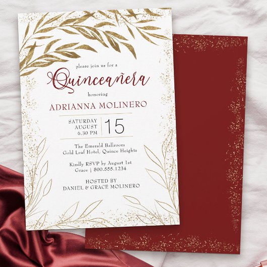 Elegant Quinceanera Red en Gold Leaves Kaart