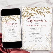 Elegant Quinceanera Red en Gold Leaves Kaart