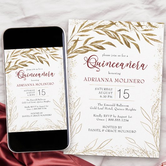 Elegant Quinceanera Red en Gold Leaves Kaart